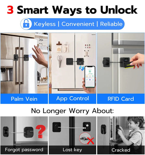 Smart Refrigerator Lock With Palm Vein Biometric RFID Card And Bluetooth App Unlock Kid Proof Safety Lock for home use