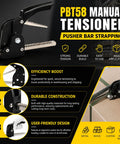 Manual Strapping Tensioner With Ergonomic One-Hand Pusher Bar, Lightweight Go-To Heavy-Duty Metal Bundling Tool For Three Eighths To One Half Inch Steel Straps, Ideal For Warehouse And Factory Use. black manual tensioner for steel strap bundling