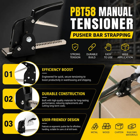 Manual Strapping Tensioner With Ergonomic One-Hand Pusher Bar, Lightweight Go-To Heavy-Duty Metal Bundling Tool For Three Eighths To One Half Inch Steel Straps, Ideal For Warehouse And Factory Use. black manual tensioner for steel strap bundling