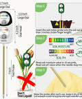 2-In-1 Soil Moisture Meter And pH Tester With Large Dual Screen illustrating usage steps and measurements, no battery needed.