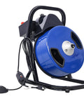 Heavy Duty Electric Drain Auger Featuring 60 Foot Flexible Snake Cable And Swappable Cutter Heads For Knocking Out Stubborn Sink And Pipe Clogs Includes Foot Switch And Solid Blue Motor Unit, side view with foot switch.