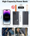 Massive 80000mAh Portable Charger Power Bank With 30W PD USB C Fast Charging beside smartphone, dimensions shown