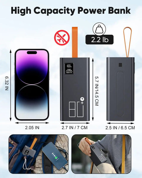 Massive 80000mAh Portable Charger Power Bank With 30W PD USB C Fast Charging beside smartphone, dimensions shown