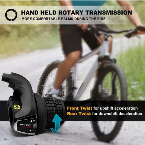 Close-up of the Revoshift 7 Speed Right Shift Lever For Mountain Bikes with twist grip on a bike handlebar