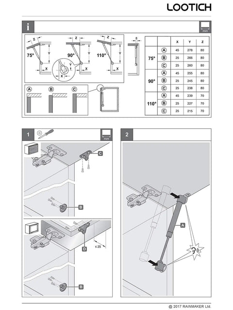 Installation guide of Beefed Up 250N Automatic Lid Stay Gas Strut For Cabinets And Cupboards with diagrams and measurements.