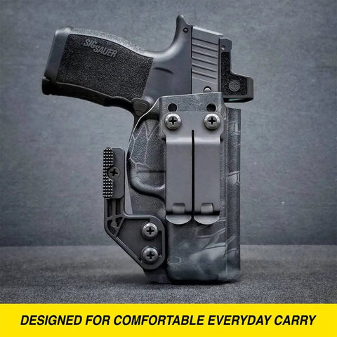 Built Tough As Nails Metal Belt Clip For IWB OWB Concealed Carry Rig And Every Day Sheath With Complete Hardware Kit In Clean Dark Gray Tone Crafted Stateside with holster and firearm.