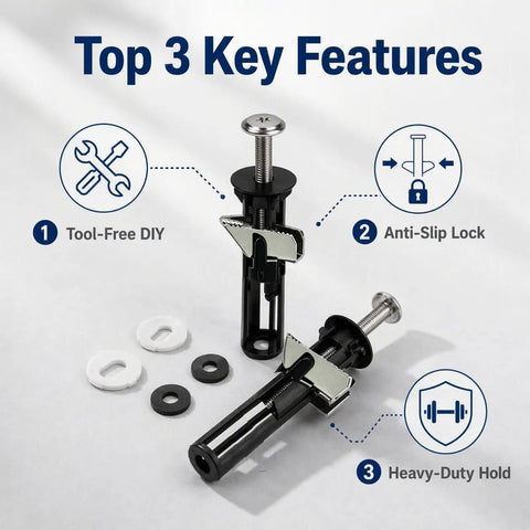 Image of Six Pack Heavy Duty Toilet Seat Replacement Bolt Kit Featuring Rock Solid 304 Stainless Steel Fasteners, highlighting key features.
