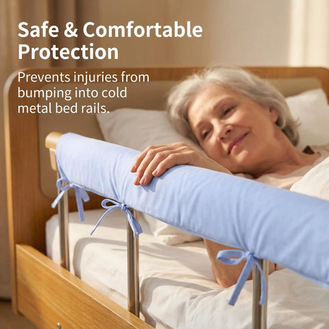 Senior woman using 4 Pack Bed Rail Cover Padding For Seniors And Toddlers, Blue, Thick High Density Foam Cushion Bed Bumper