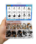 Awesome Micro Mini Slide Switch Kit 110Pcs SPDT 1P2T Toggle Switches 2 Position in clear storage box with labeled compartments.