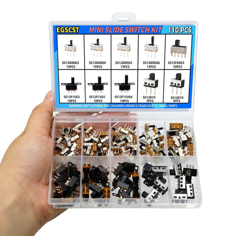 Awesome Micro Mini Slide Switch Kit 110Pcs SPDT 1P2T Toggle Switches 2 Position in clear storage box with labeled compartments.