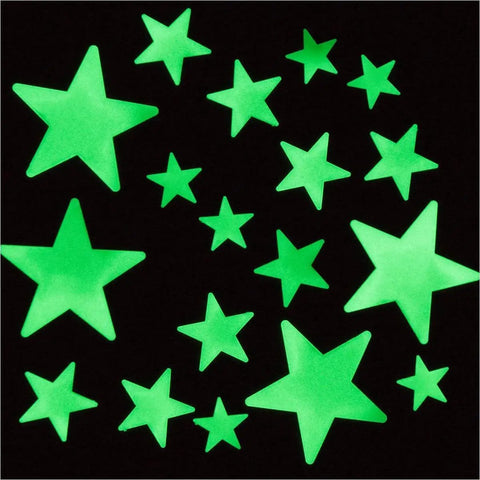 200 Pcs Glow In The Dark Stars With Moon 3D Wall Stickers Set For Kids Room Decor And Night Light Ceiling Space Theme Lit Night Sky Decals With Adhesive Putty Non Toxic Plastic shown illuminated.
