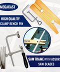 3 In 1 Pro Grade Jeweler's Saw Set With Frame And 144 Blades, Wooden Pin Clamp For Wood And Metal, displayed with components