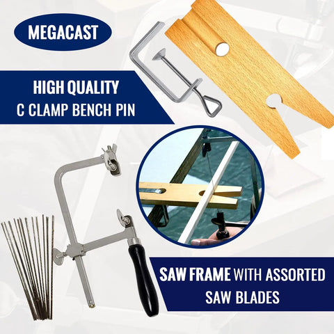 3 In 1 Pro Grade Jeweler's Saw Set With Frame And 144 Blades, Wooden Pin Clamp For Wood And Metal, displayed with components