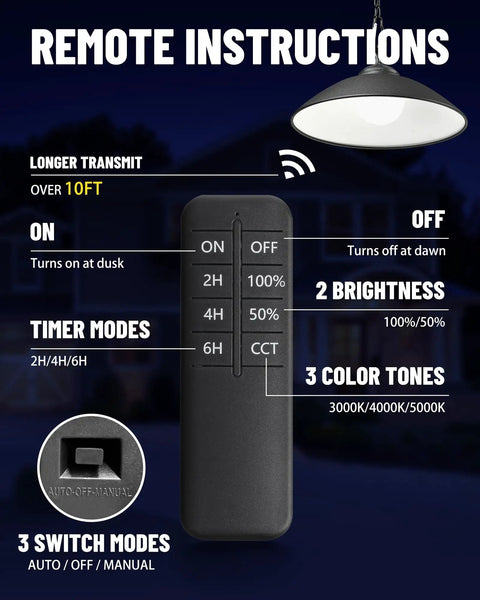 Remote control features for Solar Pendant Light With Remote For Outdoor Shed Barn Porch Gazebo 8 Inch 3 Color Temps.