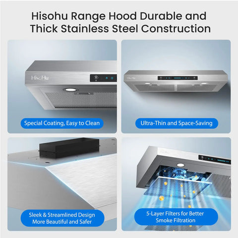 Top Notch 30 Inch Under Cabinet Range Hood With 1200 CFM Power, 4 Speed Gesture Sensing Kitchen Exhaust Hood, stainless steel panels
