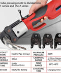 Eiwitany Portable Cordless Hydraulic Pipe Press Tool 18V Wireless Crimping Machine 38KN Output For Stainless Steel Pipes LED Light Included Professional Automatic Press For 16-28.6mm Tubing Easy Use with tube pressing mold and battery details.