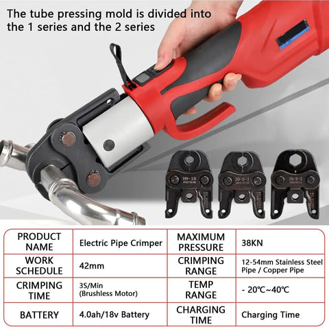Eiwitany Portable Cordless Hydraulic Pipe Press Tool 18V Wireless Crimping Machine 38KN Output For Stainless Steel Pipes LED Light Included Professional Automatic Press For 16-28.6mm Tubing Easy Use with tube pressing mold and battery details.