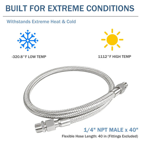 Top Shelf Heavy Duty 1/4 In X 40 In Stainless Steel Air Compressor Jumper Hose with Beefy Npt Male Fittings and 870 Psi Rating, designed for extreme temperatures.