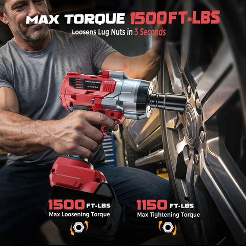 Garage Tested Heavy Hitter 1/2 Inch Cordless Impact Wrench Delivers 1500 Ft Lbs Torque in use on a lug nut.