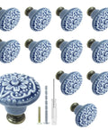 Light Blue Ceramic Kitchen Cabinet Knobs Set Of 12, 34mm Diameter Round Pull Handles, 1.3 Inches Wide And 1.2 Inches High, Includes Screws And Mini Screwdriver For Easy Installation, Classic Vintage Look For Cabinets And Drawers. Blue floral ceramic knob set with screws and screwdriver