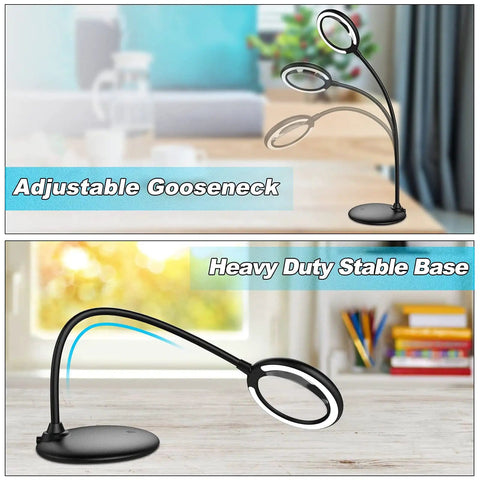 5X Rechargeable Magnifying Glass With Light And Stand featuring adjustable gooseneck and heavy-duty stable base on desk