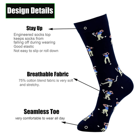 Men's Golf Socks 2 Pairs Funny Golfer Crew Socks Navy Blue Comfortable Cotton Blend Size 9 To 13 Unique Golf Gift Design Details