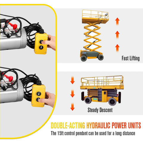 Double-acting hydraulic power units with control pendant, showcasing fast lifting and steady descent for trailers.