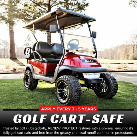 Turn Heads Rich Black Tire Shine And Trim Restorer With Ceramic Hybrid Shield Long Lasting Wash Resistant Formula For Cars Rvs Motorcycles Golf Carts applies to shiny red golf cart parked on green grass.