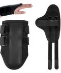 Golf Wrist Training Aid Wrist Brace To Fix Wrist Angle And Alignment For A Clean Swing Game Changer For Beginners And Pros Built Tough With Durable Nylon And Polyester, black brace shown on hand and laid flat, 25x15x1.8 cm.