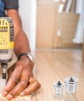 Person using a drill with dowel center transfer plugs in focus; Dowel Center Transfer Plugs Set Handy Steel Tenon Center Pins