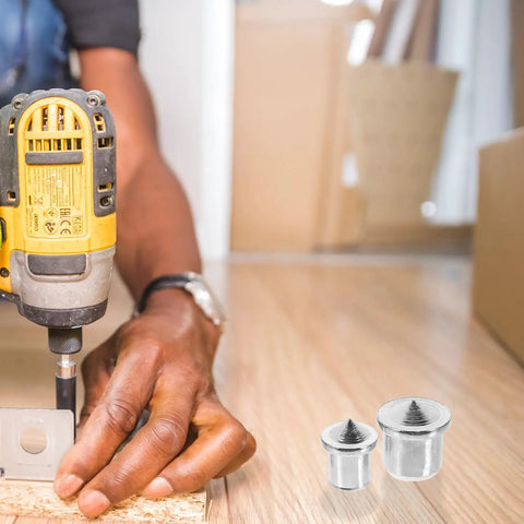 Person using a drill with dowel center transfer plugs in focus; Dowel Center Transfer Plugs Set Handy Steel Tenon Center Pins