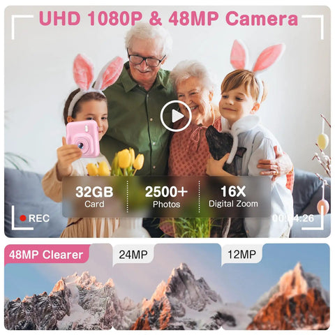 Dual-Lens Instant Print Mini Camera For Kids, 48MP Front And Rear Cameras, Selfie Ready, 1-Second Black And White Print, 32GB Card Included, Pink Portable Photo Printer Toy For Festivals And Travel, pink camera held by child
