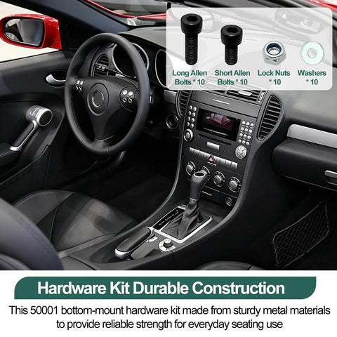Car interior with Bottom Mount Seat Hardware Kit 10 Pcs For Racing Sliders And Brackets displayed, includes bolts and washers