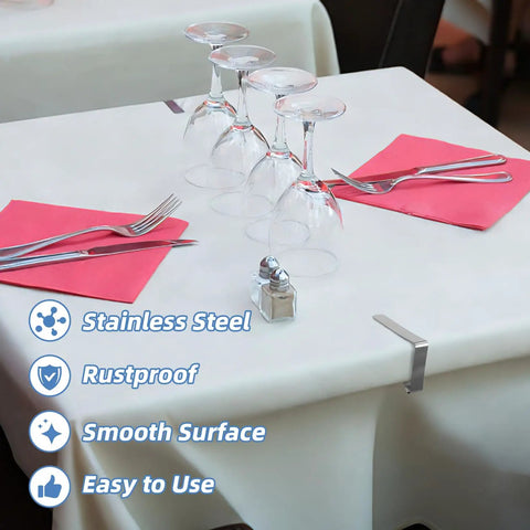 Sturdy Stainless Steel Tablecloth Clips, Rust Proof And Heavy Duty 6 Pack For Indoor Outdoor Use on table with glassware
