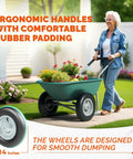 Woman using Two Wheel Wheelbarrow Yard Cart With Padded Handlebar And 14 Inch Pneumatic Tires For High Stability Heavy Duty Use in garden