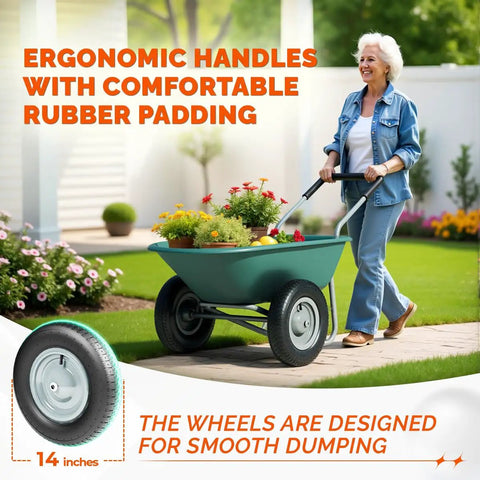 Woman using Two Wheel Wheelbarrow Yard Cart With Padded Handlebar And 14 Inch Pneumatic Tires For High Stability Heavy Duty Use in garden