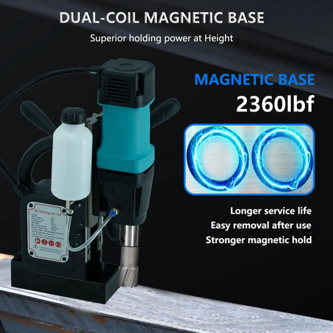Zinnore Portable Magnetic Drill Press Boasts 2360 Lbf Hold Force And 700 Rpm Speed, showcasing dual-coil magnetic base.