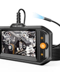 Endoscope Borescope With Light For Auto And Home Repairs showing engine inspection on screen, flexible snake cable attached
