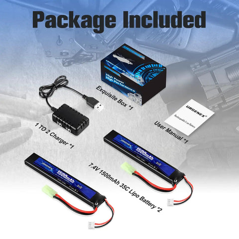 Go-To Airsoft LiPo Battery 7.4V 1500mAh 35C High Discharge Mini Tamiya Plug Rechargeable Pack With USB Charger For Airsoft Guns package contents