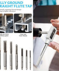Heavy Duty 8 Piece Metric Thread Taps Set With Adjustable Tap Wrench High Speed Steel M3 Through M12 showing precise taps and wrench in use.