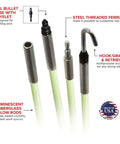 Glow Fish Rod Kit Quarter Inch X Twelve Ft Non Conductive Fiberglass Glow Rod For Running Cables Through Ceilings Walls Floors And Attics Includes Bullet Nose With Eyelet Hook And Handy Storage Tube, steel threaded ferrules and hook