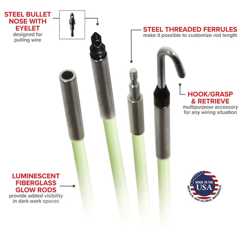 Glow Fish Rod Kit Quarter Inch X Twelve Ft Non Conductive Fiberglass Glow Rod For Running Cables Through Ceilings Walls Floors And Attics Includes Bullet Nose With Eyelet Hook And Handy Storage Tube, steel threaded ferrules and hook