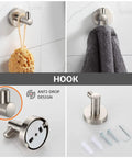 Brushed Nickel 4 Piece Bathroom Accessory Set With Adjustable 24 Inch Towel Bar, Towel Ring, Toilet Paper Holder, And Robe Hooks For Easy Install In Any Bathroom Setting displayed in a grid with anti-drop design, wall mounts, and installation parts.
