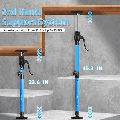 Heavy Duty Adjustable Cabinet Support Jack With Sturdy Aluminum Handle Perfect 3rd Hand For Up & Over Kitchen Installations High Load Capacity Quick Release For D I Y Pros And Beginners Easy Setup shown extending between 23.6 to 45.3 inches.