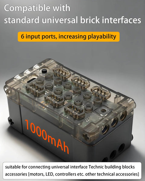 Power Functions RC Kit For Technic Builds with lithium battery box, showing 6 input ports and 1000mAh capacity