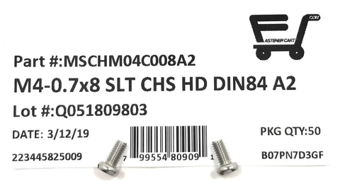 Top Shelf M4 X 8mm Stainless Steel Slotted Cheese Head Machine Screws Din 84 A2 70 Metric Fasteners With Resealable Bags shown with barcode.