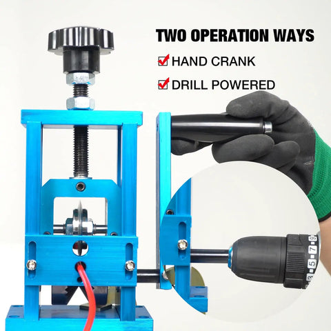 Drill Powered Wire Stripper Machine For Scrap Copper Recycling, showing hand crank and drill operation, 15AWG-200MCM.