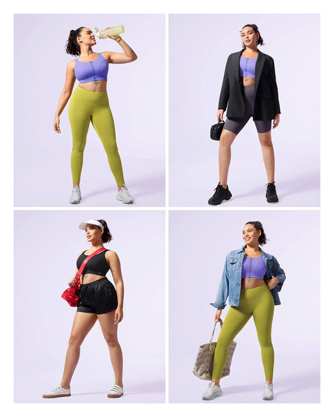 High Impact Zip Front Sports Bra For Women With Full Coverage Lift And Padded Support showing in casual and athletic outfits.