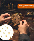 Hands repairing a clock using Brass Clock Hand Nut Set 12 Pcs Assortment For Quick Clock Fixes On Grandfather Wall And Mantel Clocks