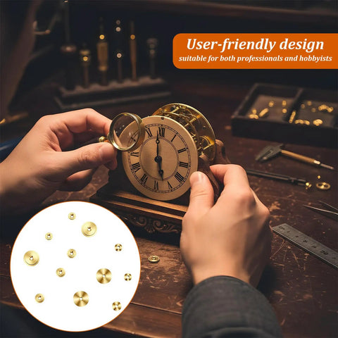 Hands repairing a clock using Brass Clock Hand Nut Set 12 Pcs Assortment For Quick Clock Fixes On Grandfather Wall And Mantel Clocks